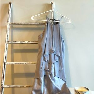 Silver gray satin ruffled halter mini party dress for women